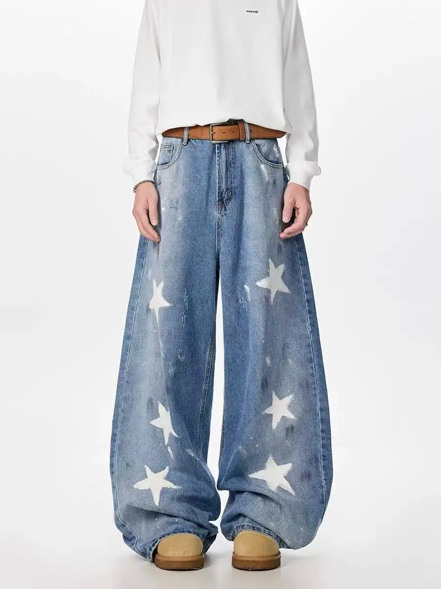 

Джинсы из американского дизайна со звездами и принтом fiti Свободные повседневные широкие джинсы Стираные свободные повседневные свободные мужские брюки в стиле хип-хоп