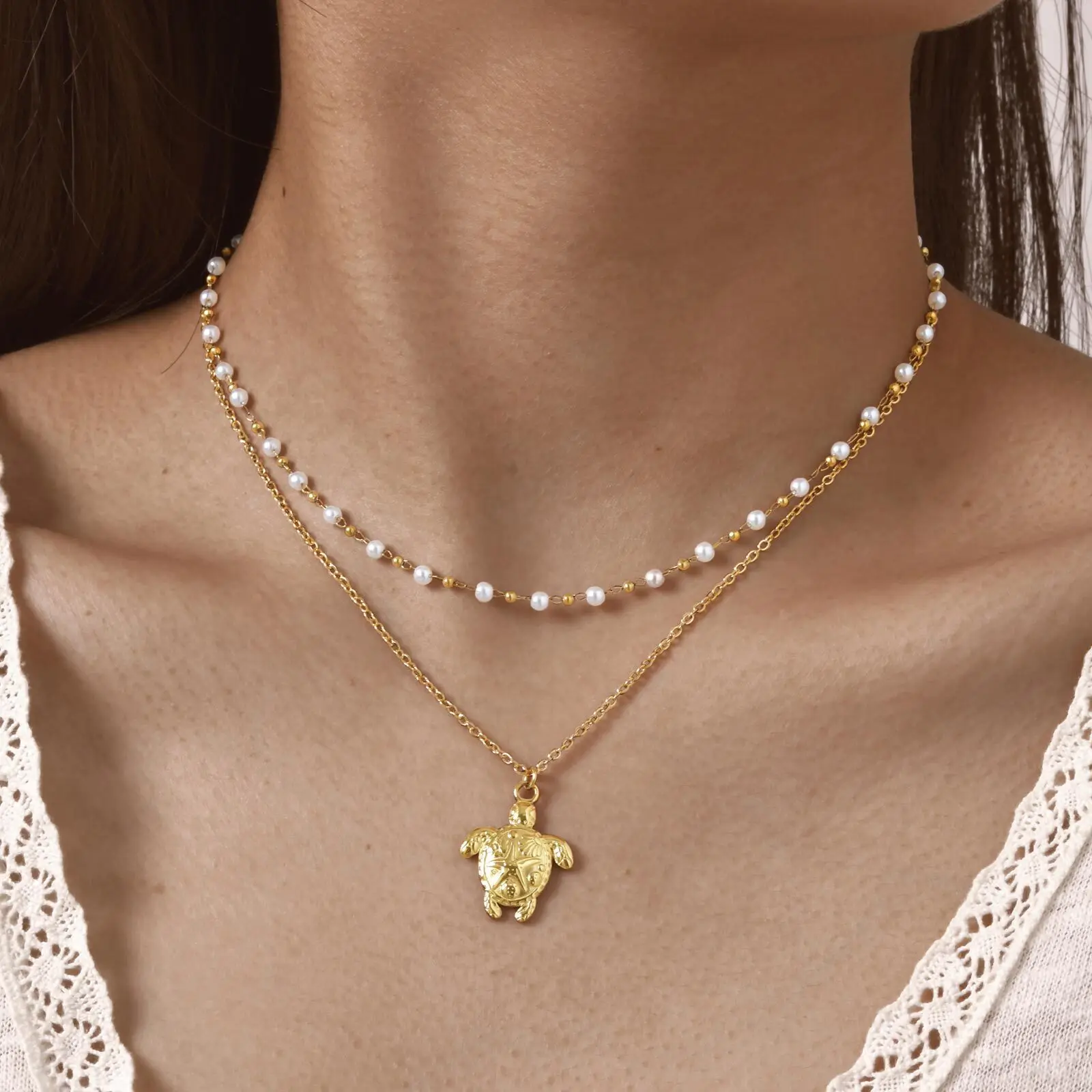 Waterproof Stainless Steel Ocean Sea Turtle Layered Set Necklace for Women No Fade
