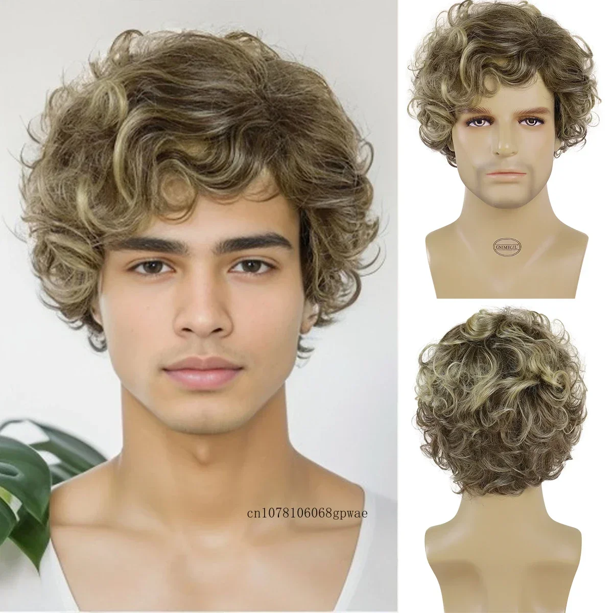 

Ombre Brown Blonde Wig Synthetic Short Curly Hair Wigs with Bangs for Men Heat Resistant Daily Party Costume Natural Looking