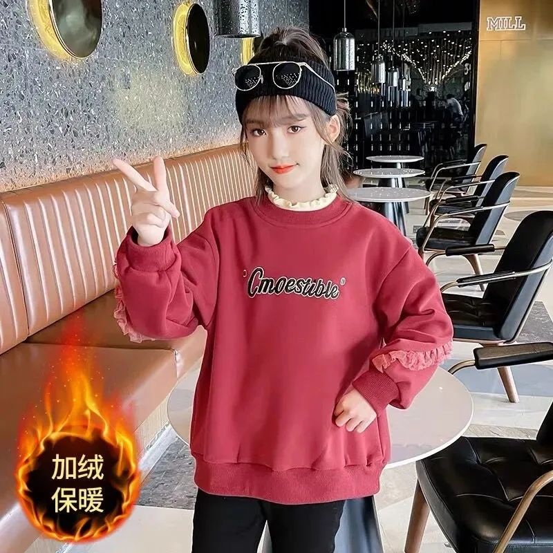 

Kawaii модный спортивный костюм для девочек, студенческий осенне-зимний повседневный теплый пуловер на флисовой подкладке с героями мультфильмов, топы, детская одежда