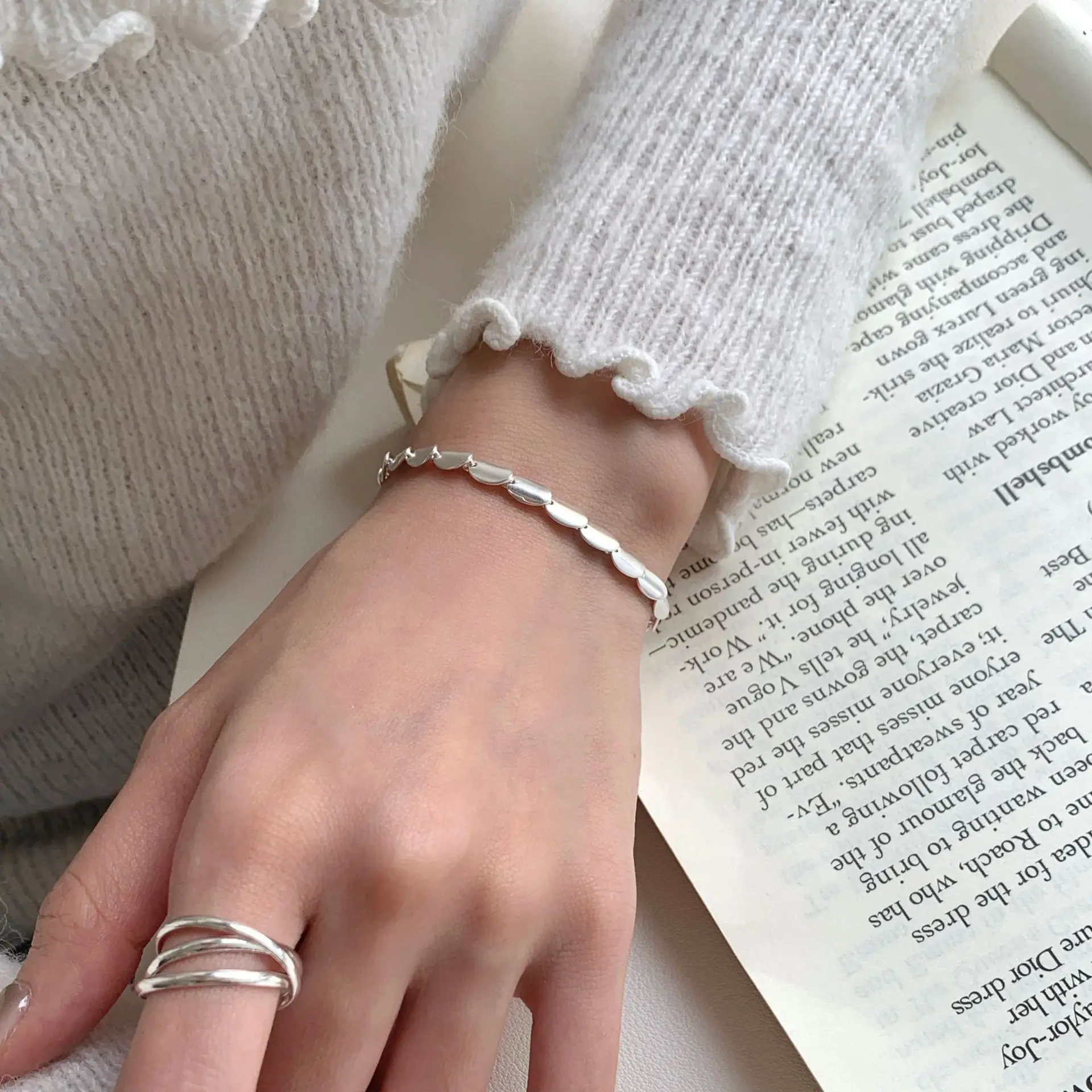 S925 Sterling Silver Matte Doudou Scale Bracelet Female Korean Simple Niche Design High-end Retro Ins