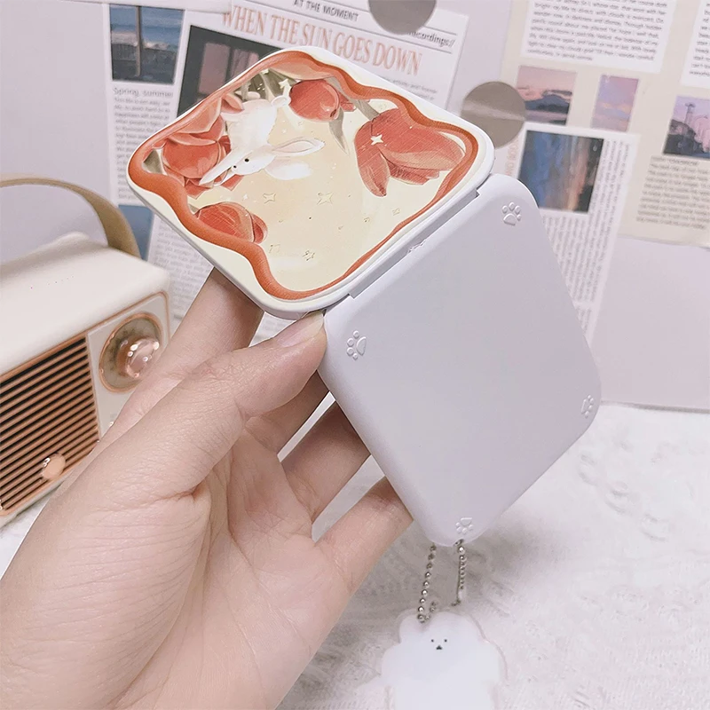 Flower Rabbit Flip-Top Folding Makeup Mirror Portable Pocket Mirror Rectangle Cosmetic Mirror With Comb For Women Girls