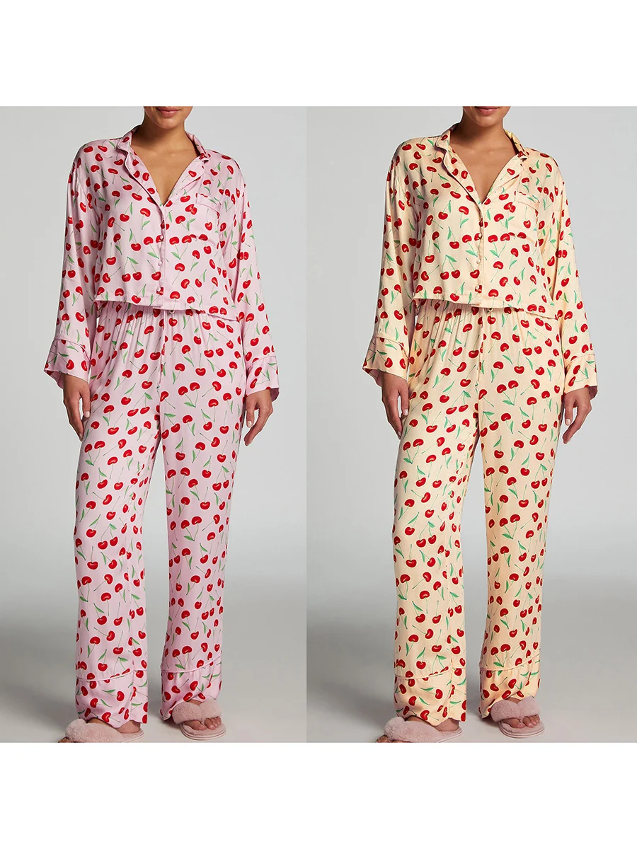 Women's Fall Loungewear Set Cherry Print Long Sleeve Lapel Button Down Tops with Drawstring Long Pants Valentine's Day Sleepwear