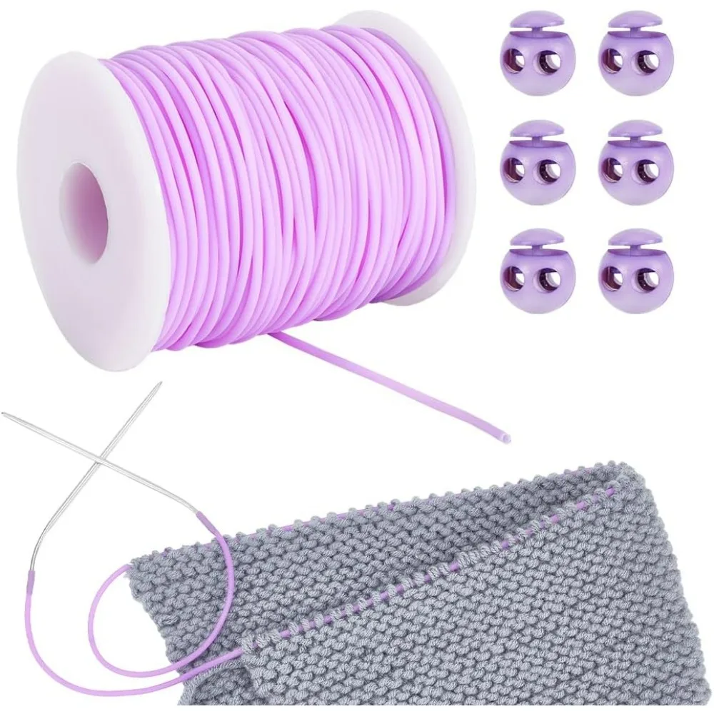 55 Yards Stitch Keeping Cords 2 mm Hollow Rubber Tubing Knitting Barber Cord Stitch Keeper with Plastic Cord Locks for Holding