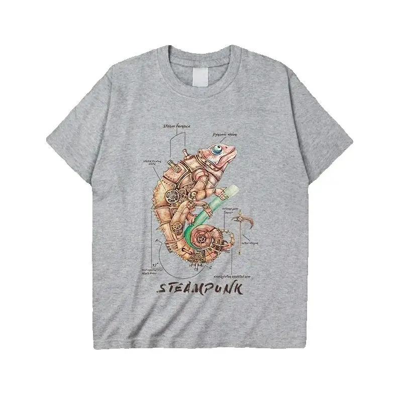 Steampunk Transformation 카멜레온 일러스트 티셔츠 코튼 오 넥 반팔 Steampunk 매니아 티셔츠 사이즈 S-3XL
