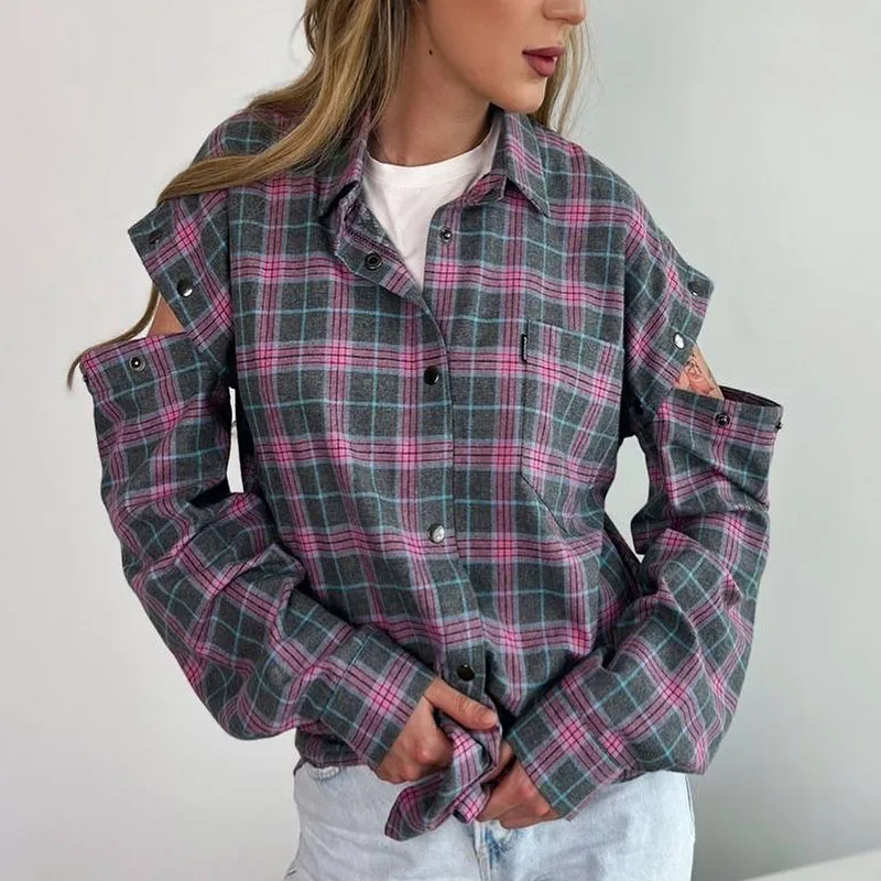 Camicie a quadri da donna primavera autunno manica staccabile donna stile coreano Streetwear camicetta Vintage allentata Lady risvolto Pocket Tops
