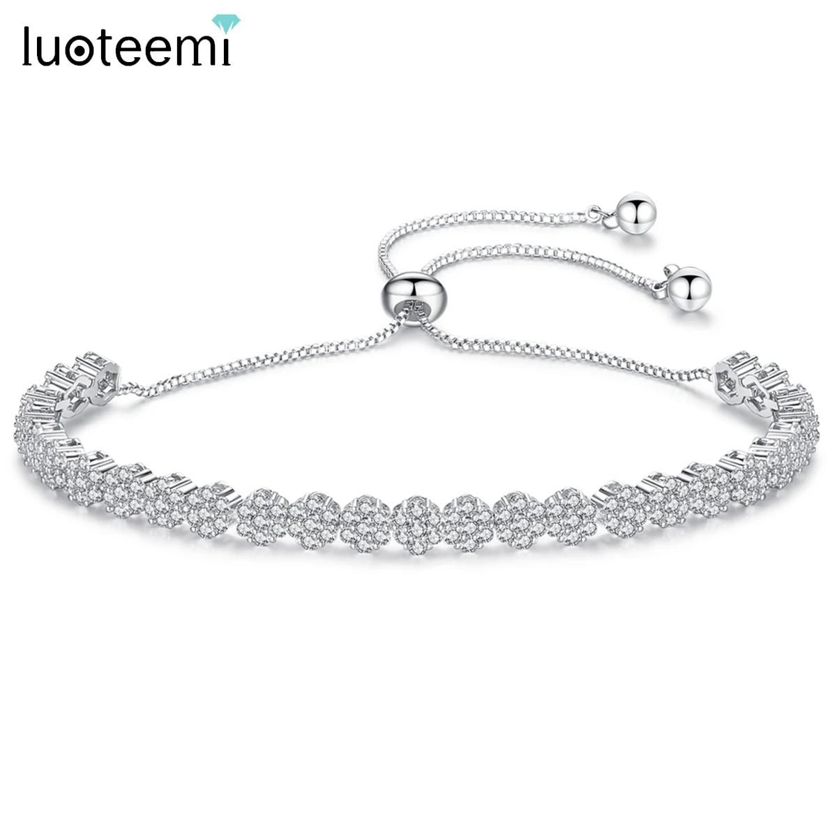 LUOTEEMI Cubic Zirconia Slide Link Chain Flower Tennis Bracelet For Women Shinning Zircon Adjustable Trendy Chain Bracelets Gift