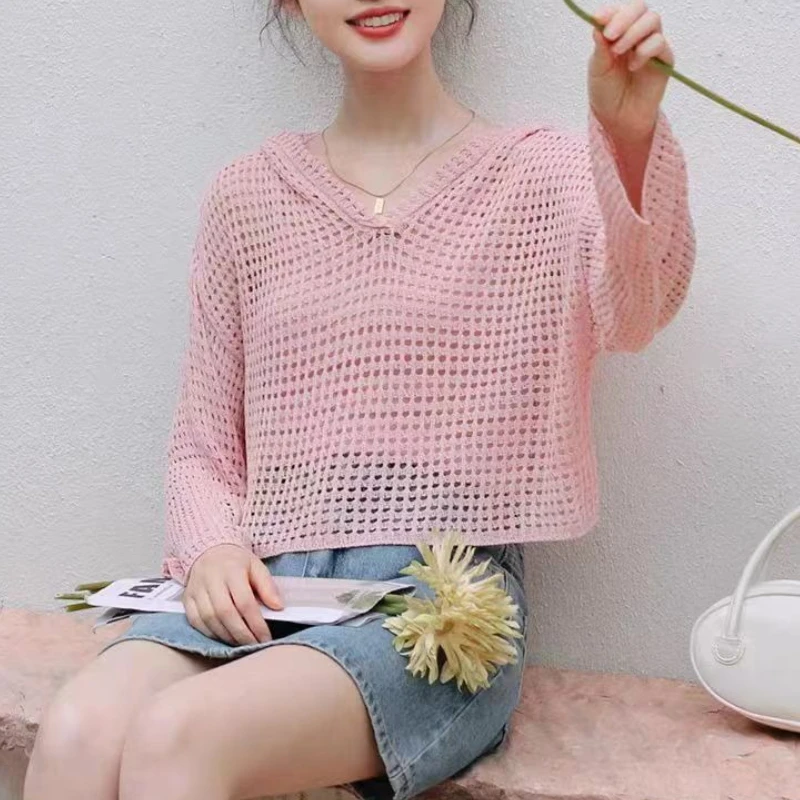 เสื้อสเวตเตอร์ถักลายฉลุมีฮู้ดสำหรับผู้หญิง แขนยาวโปร่งแสง ทรงบ็อกซี่ ครอปท็อป สำหรับวัยรุ่น ฤดูใบไม้ผลิ ฤดูร้อน สไตล์ Y2K