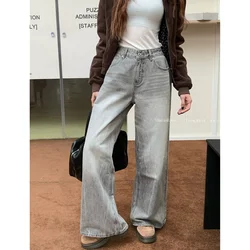 Summer Grey Womens Jeans High Waist Baggy Casual Vintage Y2K Trend Straight Cargo Pants Street American Wide Leg Denim Trouser