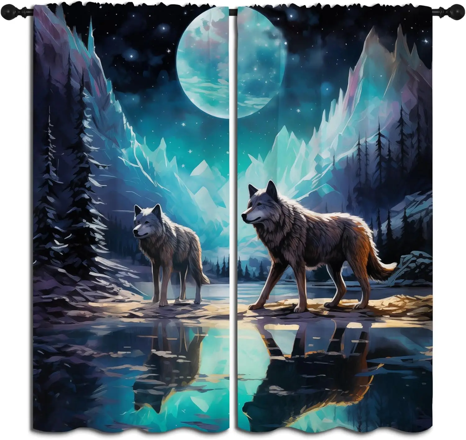 Gothic Wolf Rod Pocket Blackout Curtains for Boy Girl Bedroom, Fantasy Forest Night Full Moon Cool Wolf Thermal Insulated Home