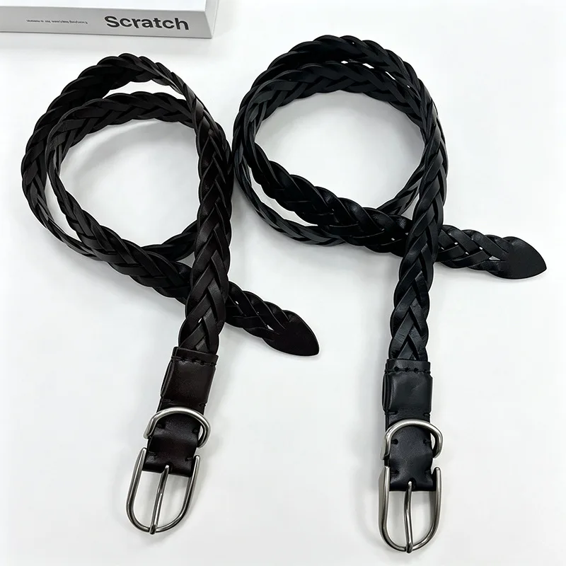New Hand Woven Top Grain Leather Pin Buckle Belt Three Strand Braided Design Flexible Leather Strap Mirror Polished Head Durable