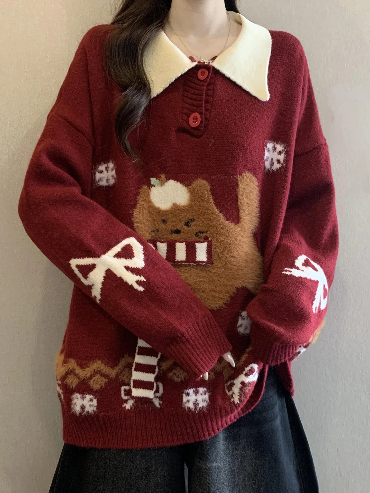 

New Year's Collar Scarf Loose Fit Ne Knit Sweater for Women Autumn Winter plus Size Comfortable Casual Cartoon Print