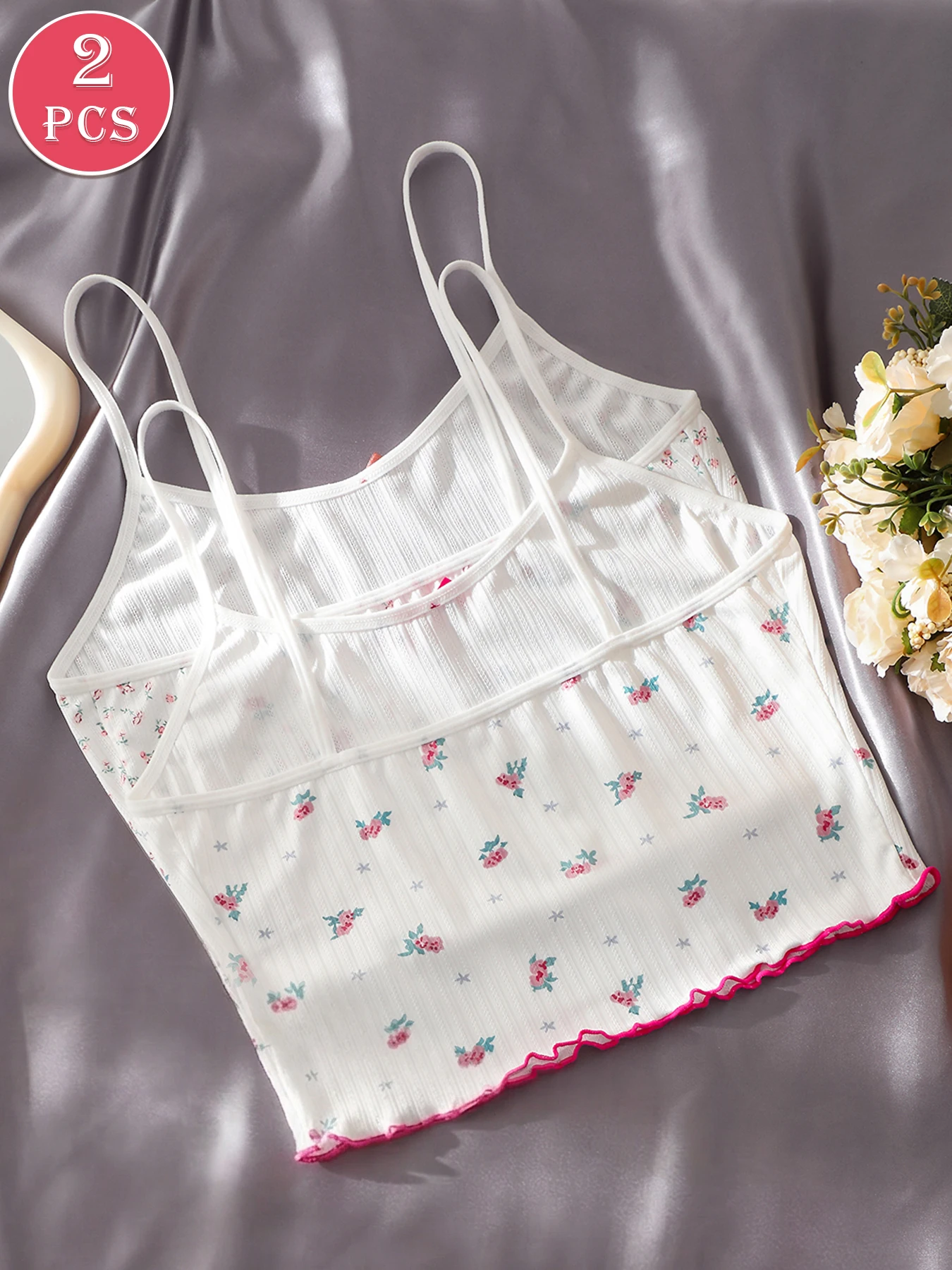 2PCS Floral Print Ruffle Hem Cami Tops, Bow Decor Slim Crop Spaghetti Strap Soft Breathable Women Daily Sleep Camisole