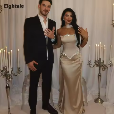 Eightale Arabic Evening Dress Strapless Beaded Customized Floor Length Satin Mermaid Prom Wedding Party Gowns