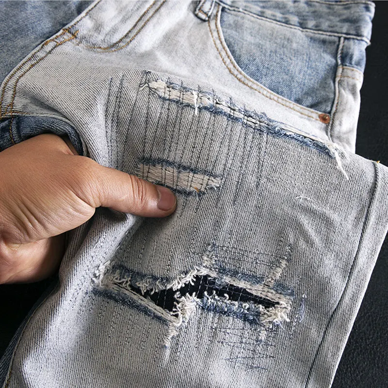 Street Fashion Men Jeans Retro Light Blue Stretch Slim Fit Ripped Jeans Men Pocket Designer Patched Hip Hop Denim Pants Hombre