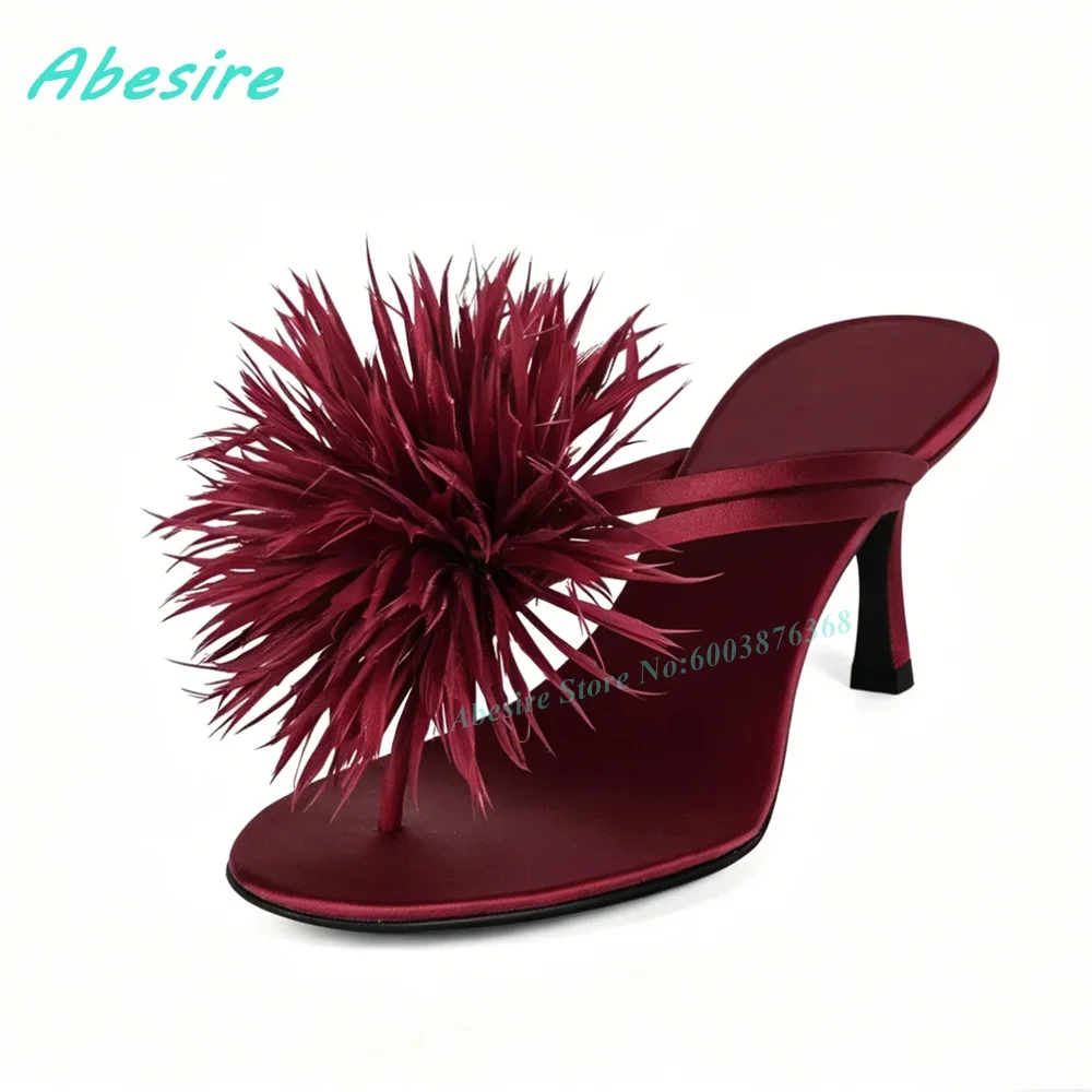 Clip Toe Slip-On Thin Heels Shoes for Women White Feather Double-Strap Slippers Summer Outside Spicy Girls Party Fashion Shoes