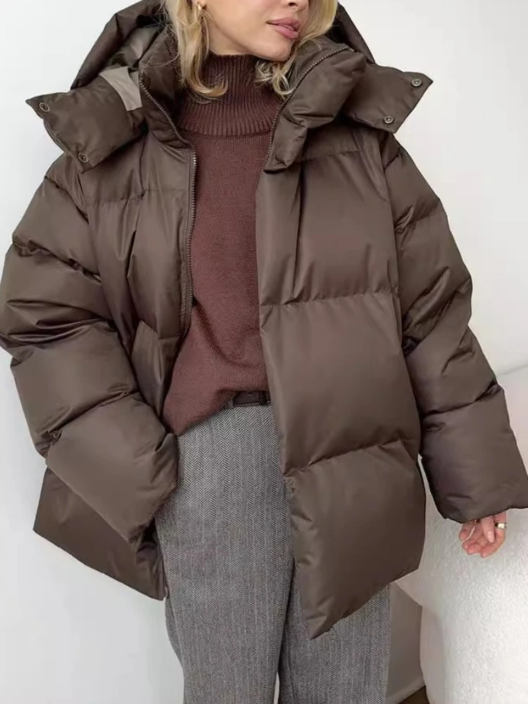 เสื้อโค้ทผู้หญิงแบบมีซิป คอตั้ง ถอดหมวกได้ ผ้าหนา อุ่น แขนยาว เหมาะสำหรับฤดูหนาว สไตล์ลำลอง