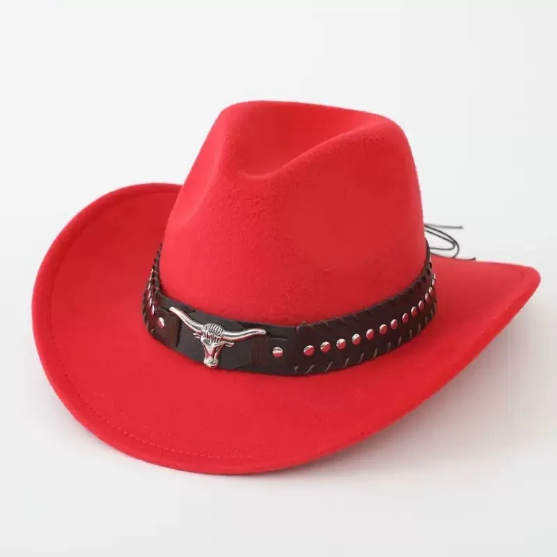 Western cowboyhoed met stierenkopnieten, gebogen rand, winddicht koord en vilt, geschikt voor buitenritten en jazzhoeden.