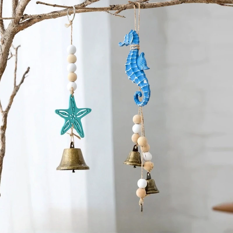 Creative Mediterranean Wooden Sailboat Wind Chime Seahorse Starfish Bell Pendant Home Decoration Courtyard Wall Hanging Ornament