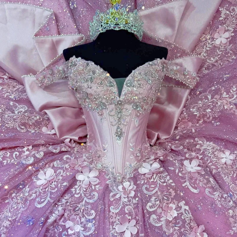

Shiny Pink Quinceanera Dresses Off the Shoulder Glitter Crystal Decal 3D Flower Long tail Bow Vestidoe 15 Quinceanera Customize