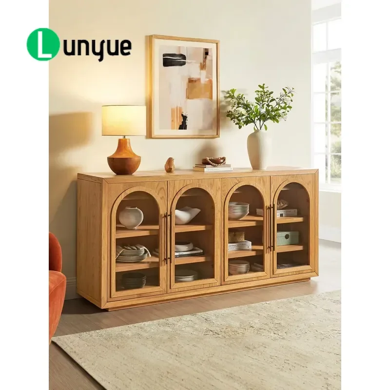 Vintage American Arched Solid Wood Dining Side Cabinet Imitation Old Entrance Table Living Room Kitchen Locker Glass Door