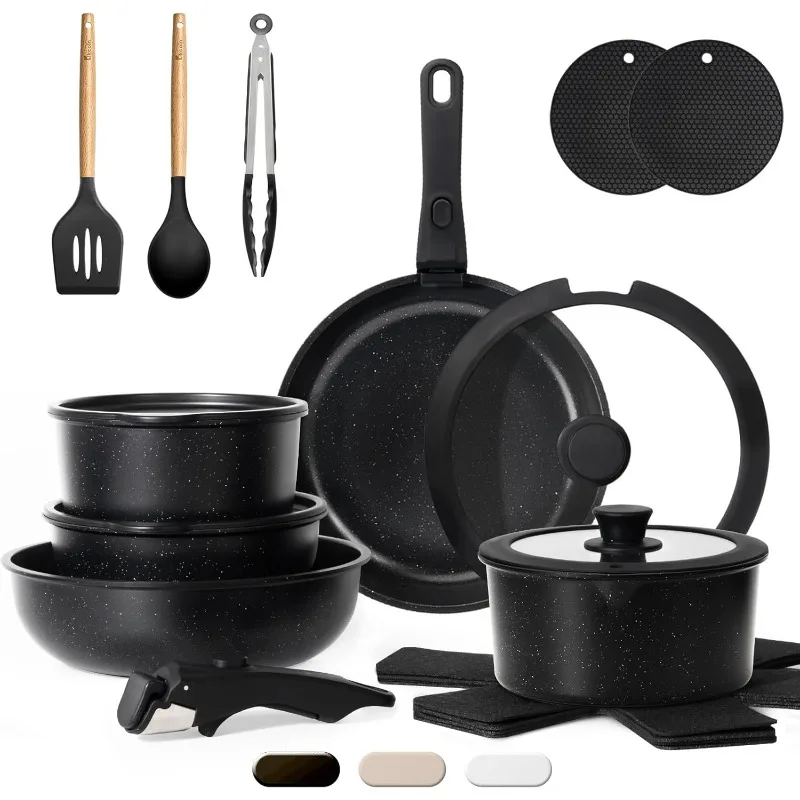 20 Pcs Pots and Pans Set Non Stick Non  RV Kitchen Cooking Set with Removable Handles, Dishwasher/Oven Safe, Easy Clean (Black)