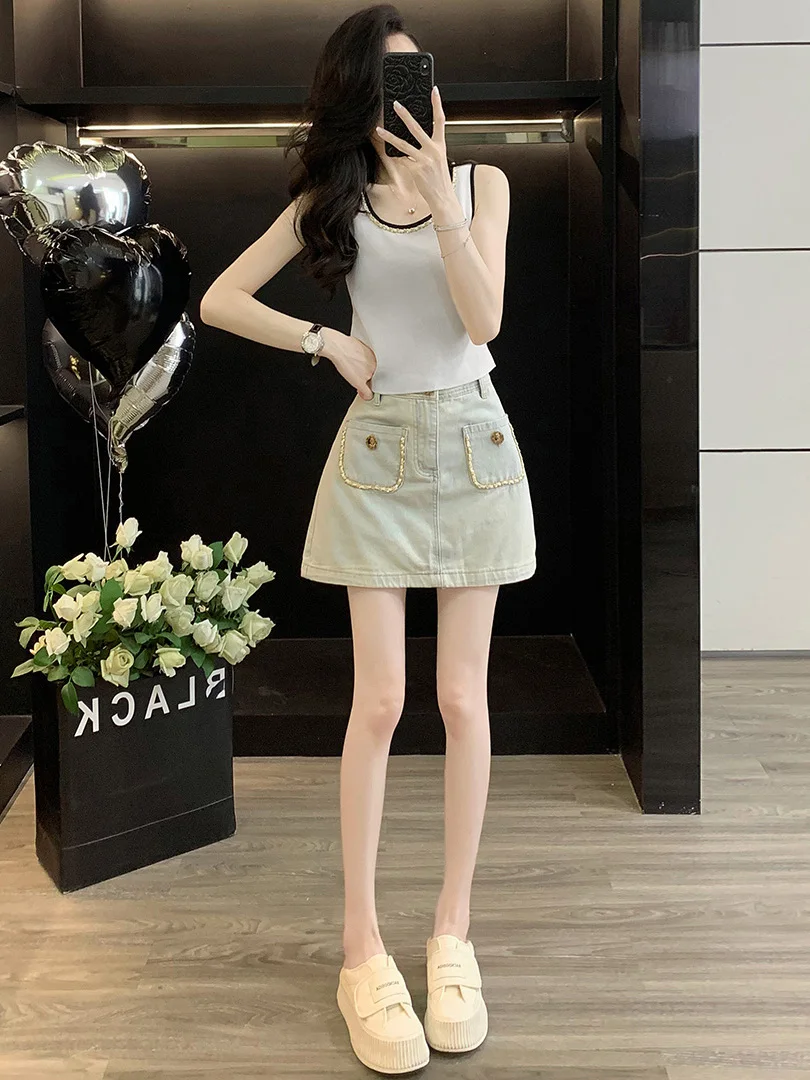 

White Sleeveless Vest Top And Denim Skirt Women's Summer Fashion Two-Piece Set High Quality Breathable Cotton round Neck