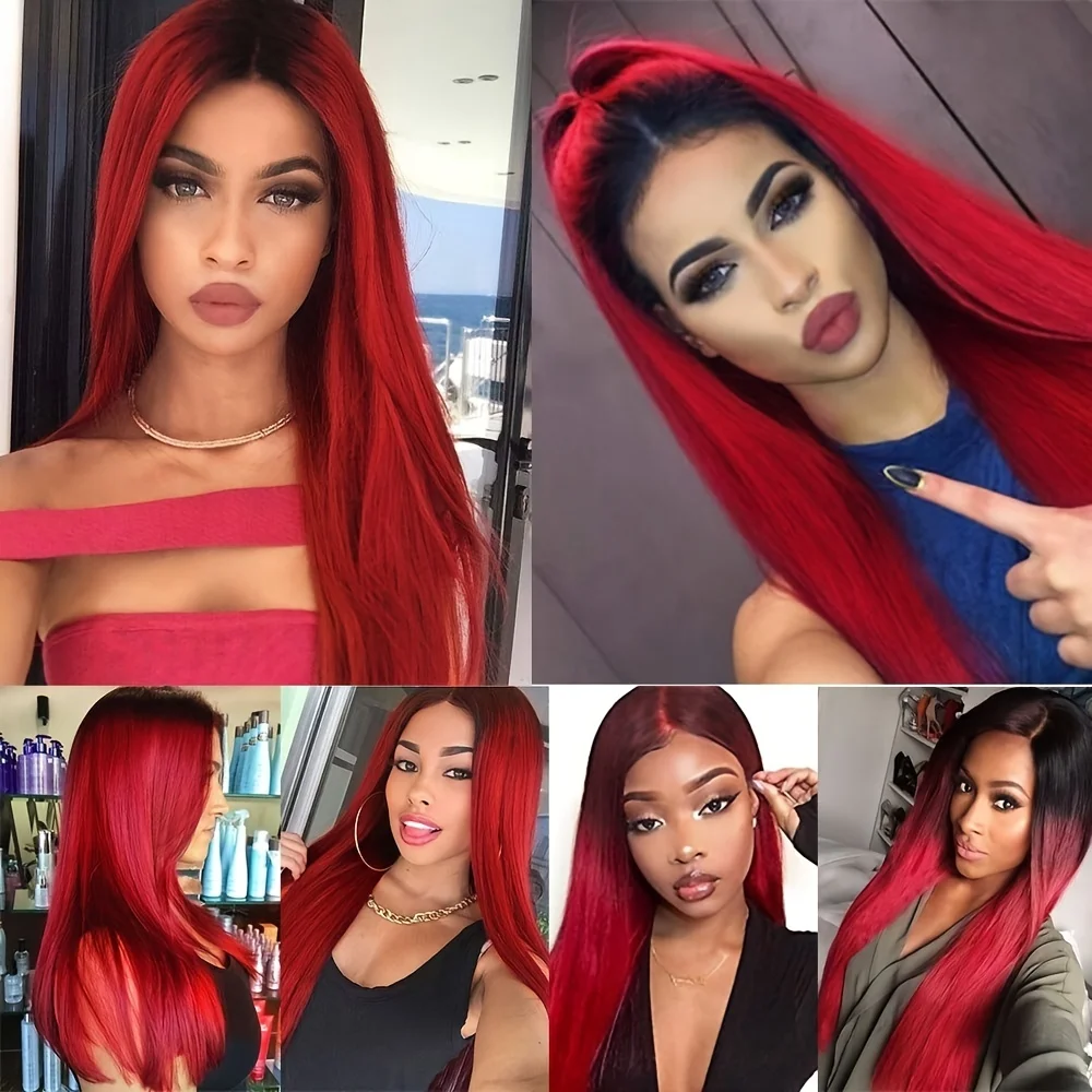 Synthetic Ombre Black To Red Straight Bob Wigs Natural Looking Middle Part Heat Resistant Fiber Wigs For Daily Cosplay Party image 3