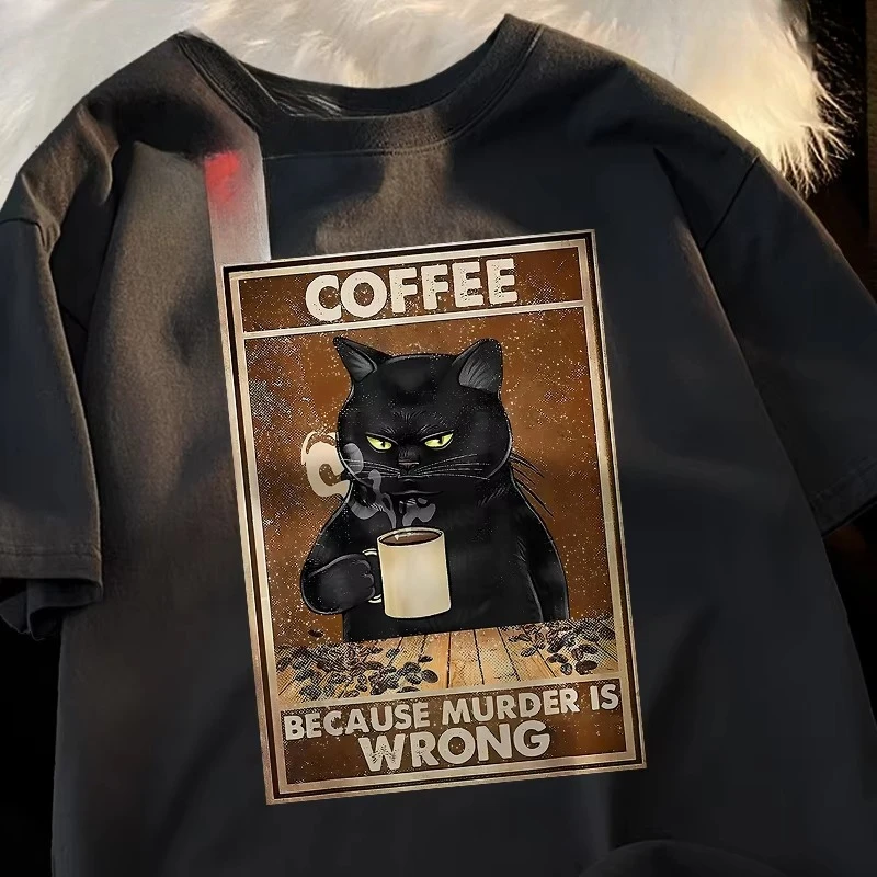 Camiseta de hombre de verano 2026, 100% algodón, estampado de gato negro tomando café, corte holgado y cómodo.
