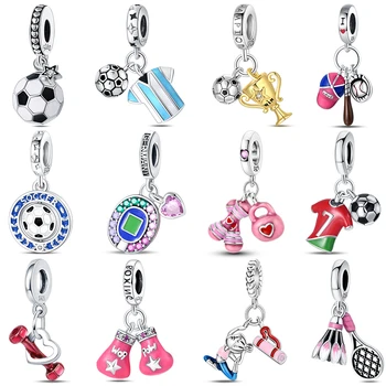 หลงใหล 925 เงินดัมเบลแบดมินตันฟุตบอลกีฬา Charms ลูกปัด Fit Pandach 925 สร้อยข้อมือเดิม DIY เครื่องประดับของขวัญสําเร็จการศึกษา