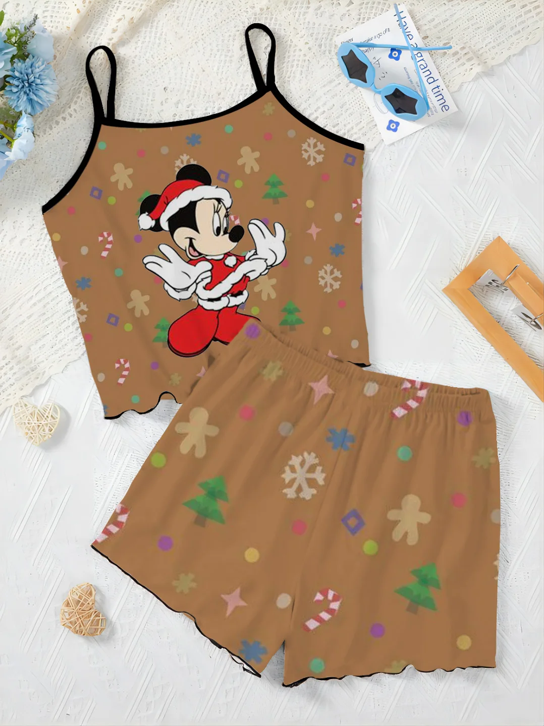 Disney-Ensemble T-shirt et jupe pyjama de Noël Minnie Mouse pour femme, garniture de laitue, robe d'intérieur, haut court imbibé, pièces élégantes