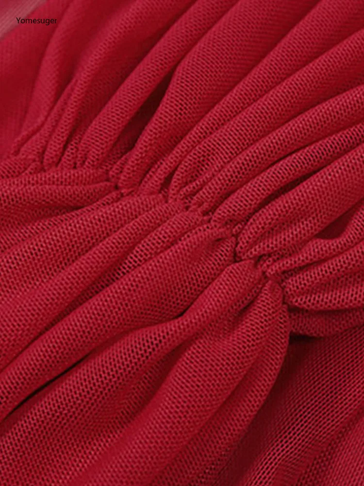 Yomesugar Sexy Mesh See Through Maxi Dress Women Elegant Deep V-neck Ruched Full Sleeve Bodycon Birthday Prom Party Clubwear