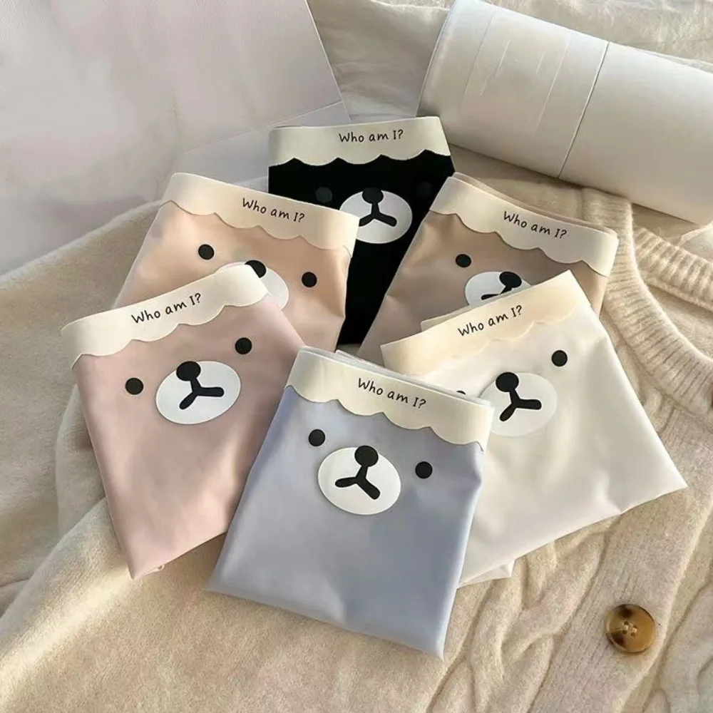 

5Pcs Breathable Cartoon Ice Silk Briefs Mid Waist Ultra-thin Bear Seamless Panties Elastic Cotton Crotch Underwear Women Girl