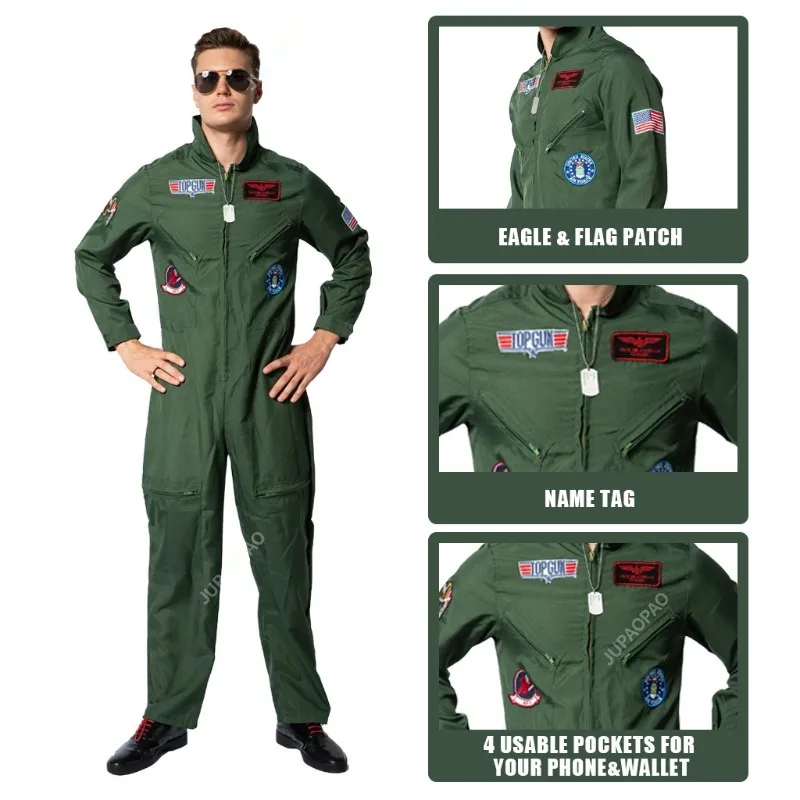 New Adult Fighter Pilot Costume Air Force Flight Suit Roleplay with Aviator Accessories Men Army Green Military Pilot Jumpsuit