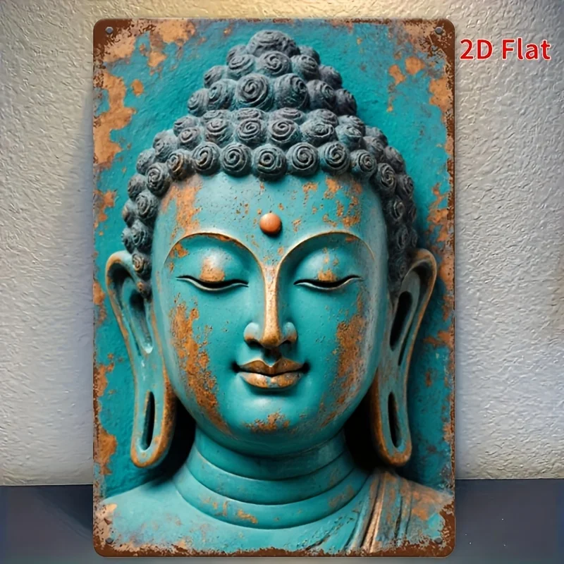 2D Vintage Metal Sign Buddha Print 8x12 Inch Wall Art for Restaurant Bathroom Bedroom Office Christmas Decor