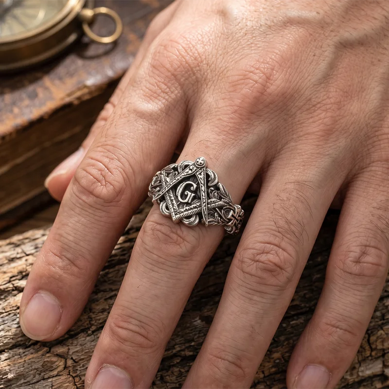 Buy 3 Get 1 Free 25x16mm 6.6g Freemasons Square And Compass Pattern Silver Rings Prevent Allergy