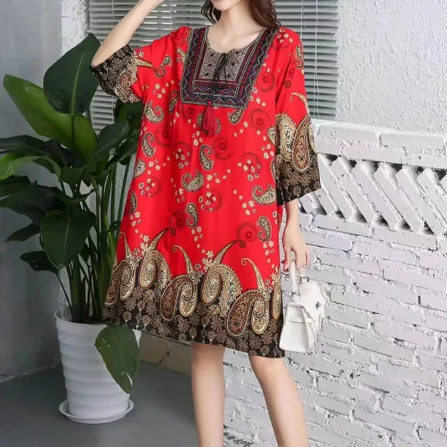 Indian Short Dress Women Midi Print Floral Casual Oversize Bohemian Loose Embroidered Flowers Round Neck Beach Holiday Vestidos