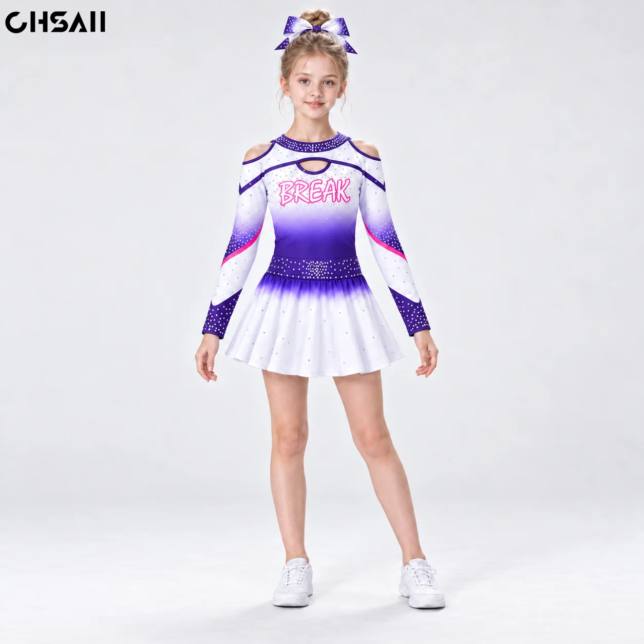 Girls Purple White Rhinestone Cheerleading Dress Long Sleeve Cold Shoulder Cut Out Neck Gradient Skirt Youth Competition Costume