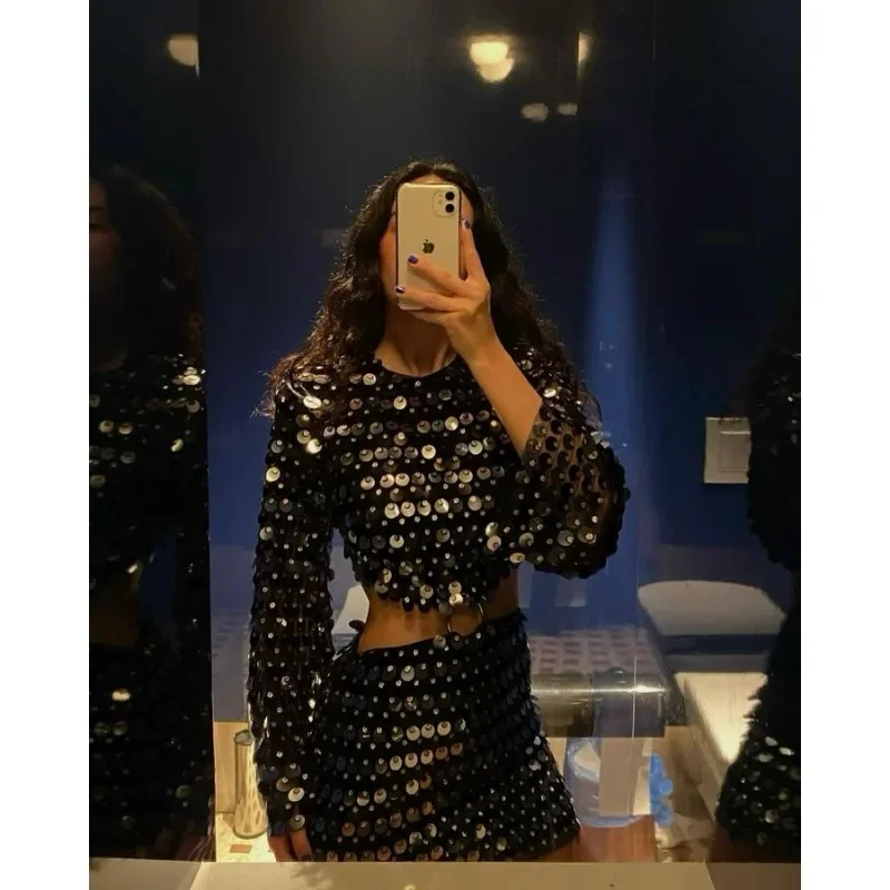 

2024 Spring Summer New Dress Women's Fashion Solid Color Sequined Flare Sleeve Dress Women's Sexy O-Neck Irregular Mini Dress