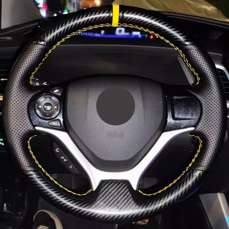 

Steering Wheel Cover Carbon with Perforated Leather and Yellow Stripe Car Accessoires for Honda Jade 2013-2020 Civic 9 2012-2015