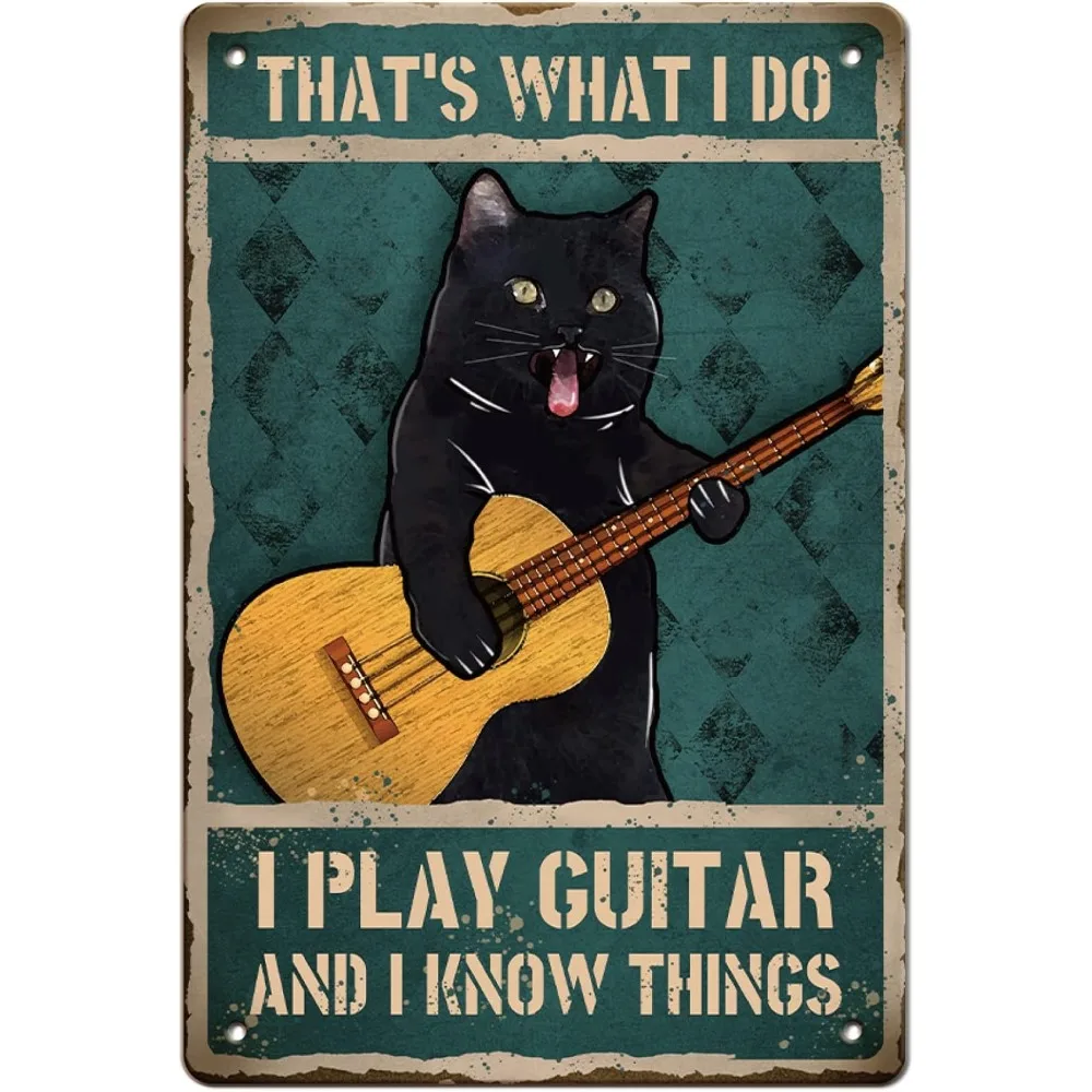 Cat Playing Guitar Vintage Metal Tin Sign Art Plaque Poster Retro Metal Wall Decorative Tin Signs 8ﾗ12inch for Home Kitchen Bar