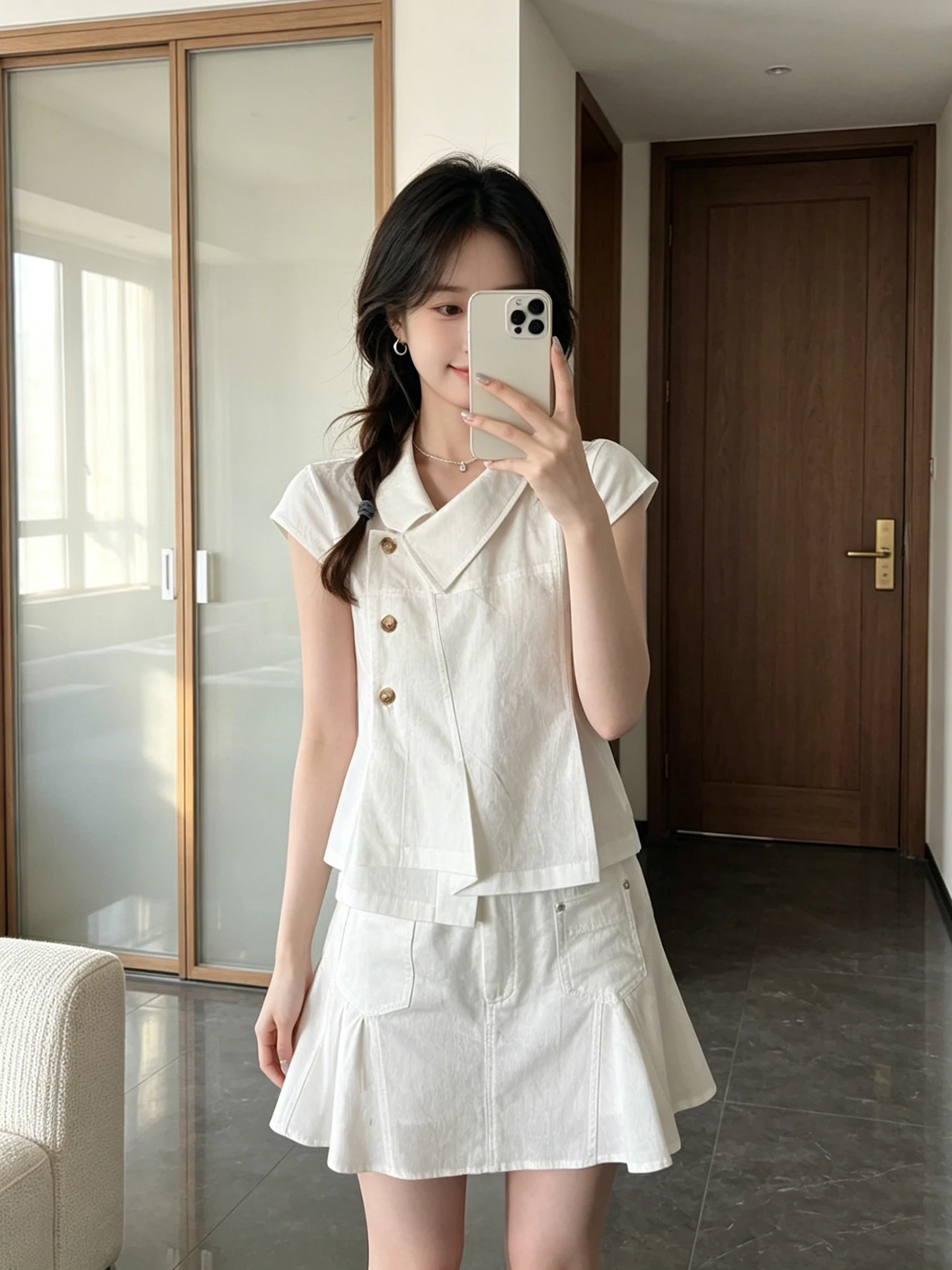 

Korean Style Sweet White Asymmetrical Collar Short Sleeve Top And Skirt Set Women's Fashion Summer Outfit High Waist Skirt