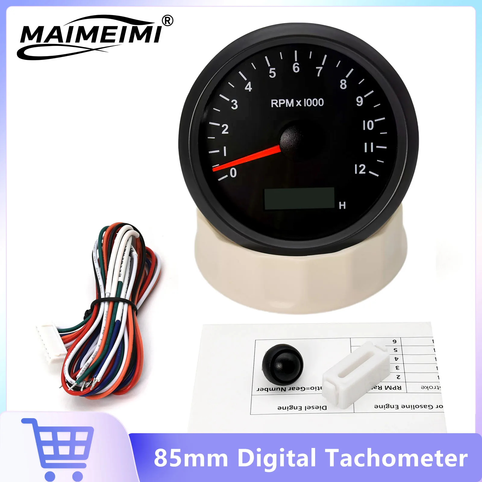 85mm Digital Tachometer 0~12000 RPM Gauge With Hourmeter Tacho Meter LED Red/Yellow Backlight For Car Marine Boat Yacht