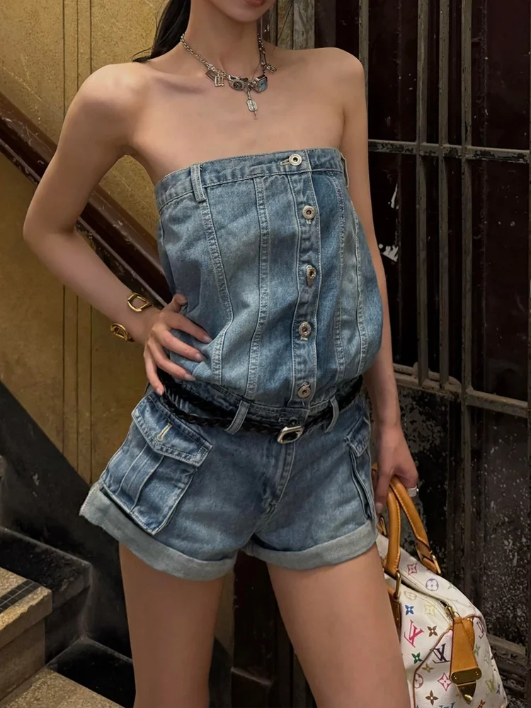 American Style Spicy Girl Unique Design Cuffed Jumpsuit Jeans Women's Vintage Washed Blue Color Versatile Slimming Shorts