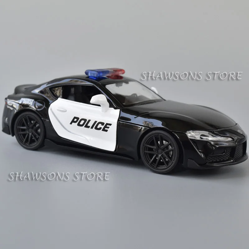 1:32 Scale Diecast Car Model Toyota Supra Police Car Miniature Replica Pull Back Toy With Sound & Lights