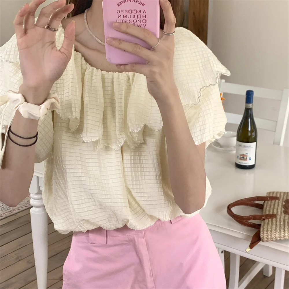 

PLAMTEE Sweet Girls Blouses Women Slash Neck Chic Loose Summer 2023 Short Sleeve Gentle Office Lady Slim New Casual Daily Blusas