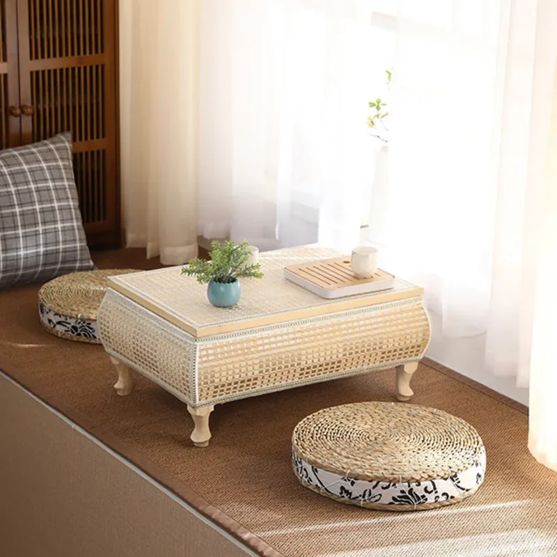 طاولة قهوة منسوجة من حصير التاتامي مصنوعة من الخشب الصلب، طاولة عتبة النافذة لغرفة النوم، طاولات شاي يابانية منخفضة الجلوس، طاولة تاتامي مصنوعة يدويًا #5