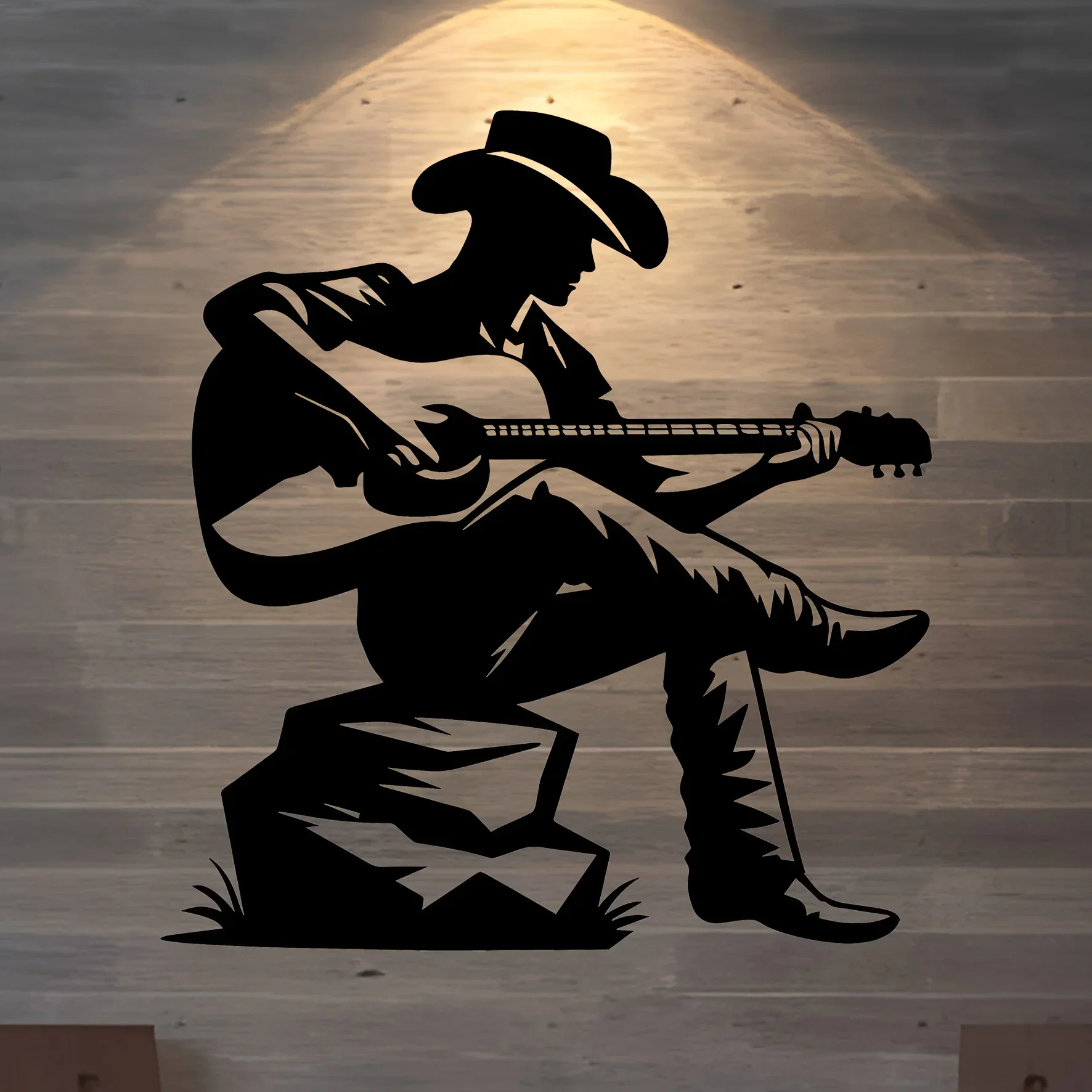 1 Piece Guitarist Silhouette Metal Wall Decor – Vintage Western Music Decor with Cowboy Hat and Guitar, Horizontal Wall Hanging Musical Artwork