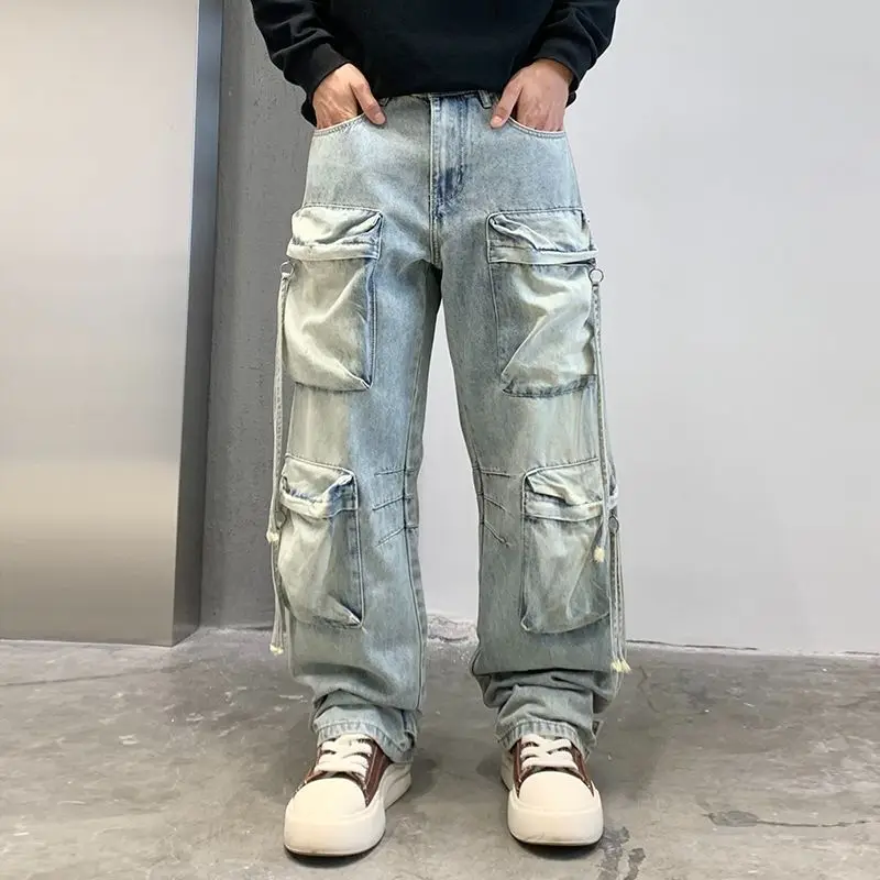 2025 New Fashion Men's Washed Light Blue Multi Pocket Casual Trendy Loose Wide Leg Straight Cargo Denim Trousers Male Jeans Pant