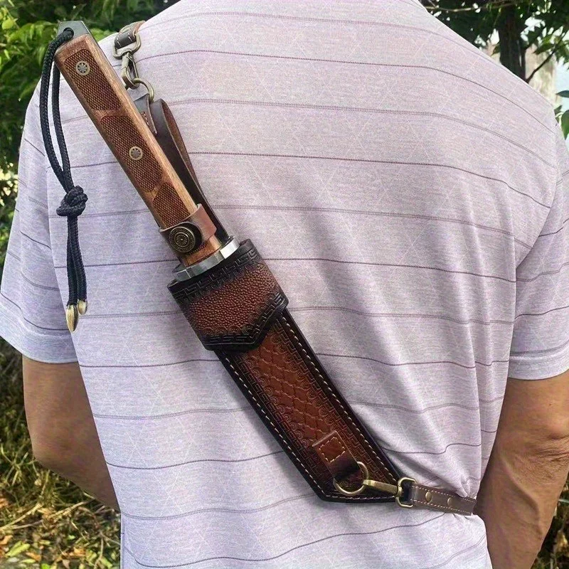

Retro Brown Back-mounted Scabbard with Leather Belt Ring and Metal Buckle - Waterproof and Durable Design for Fixed Blade Knife